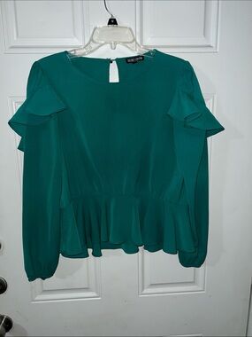 Teal Ruffle Peplum Long-Sleeve Blouse by Secret Treasures